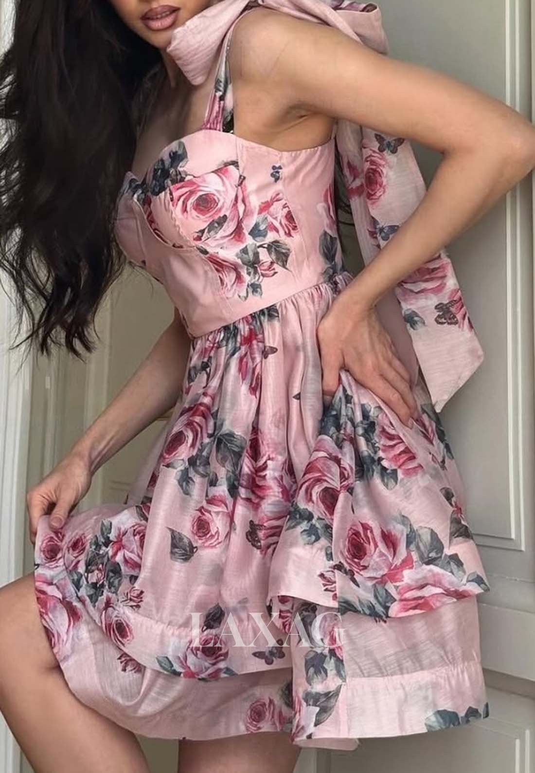 Sweetheart Straps Sleeveless Print-Chiffon Pleated A-Line Short Party Homecoming Dress