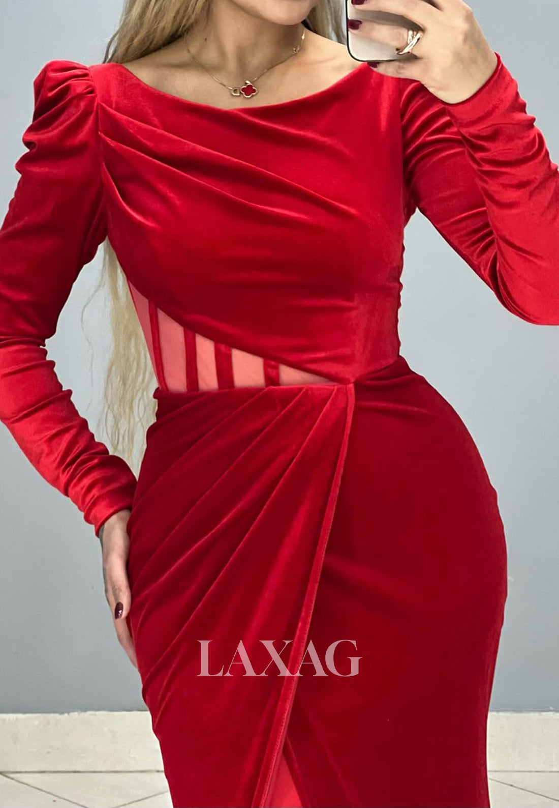 Scoop-Neck Long Sleeves Evening Gowns Pleated Sweep Train Mermaid Prom Dress with High Slit