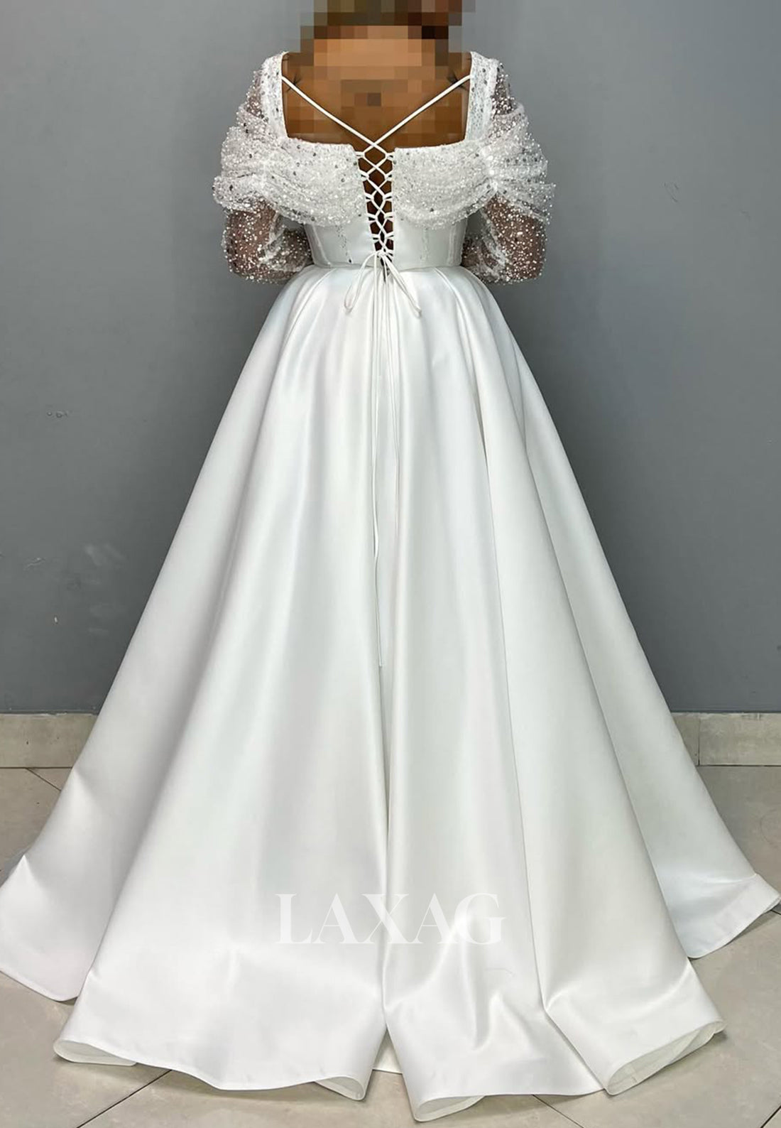 Square-Neck Long Sleeves Sheer A-Line Prom Dress Beaded Sequined Pleated Satin Evening Gowns