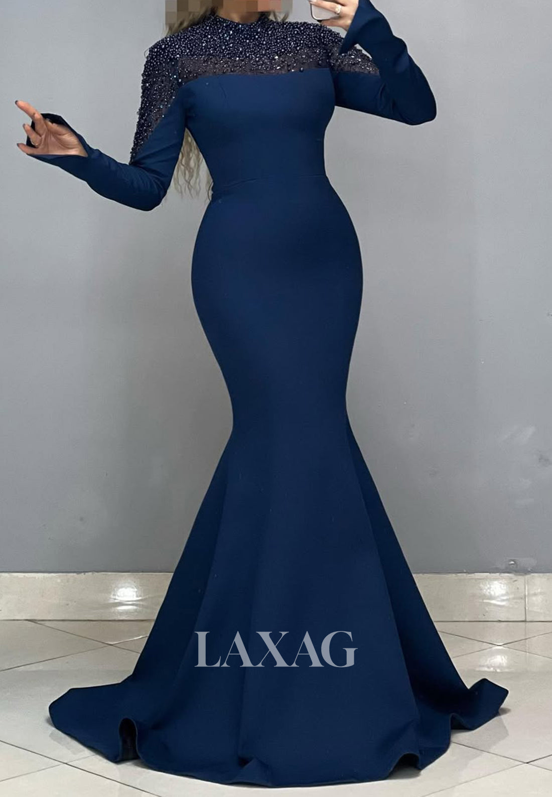 High Scoop-Neck Long Sleeves Formal Gowns Beaded Pearls Mermaid Prom D Laxag High Scoop-Neck Long Sleeves Formal Gowns Beaded Pearls Mermaid Prom D Laxag