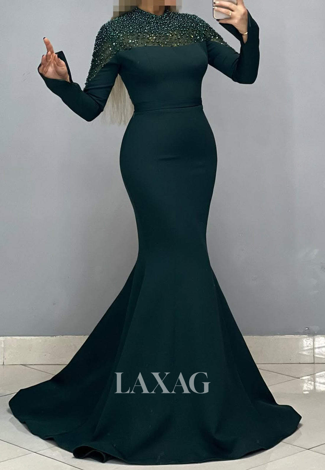 High Scoop-Neck Long Sleeves Formal Gowns Beaded Pearls Mermaid Prom Dress with Sweep Train