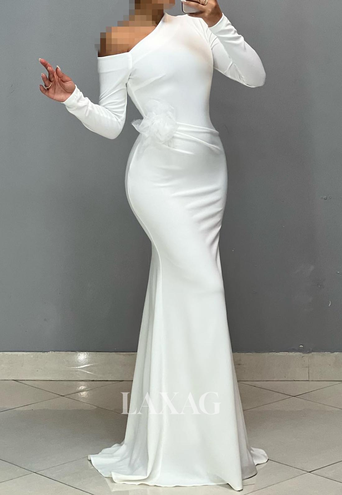 Asymmetrical-Neck Long-Sleeves Satin Formal Gowns Pleated Sweep Train Mermaid Evening Dress