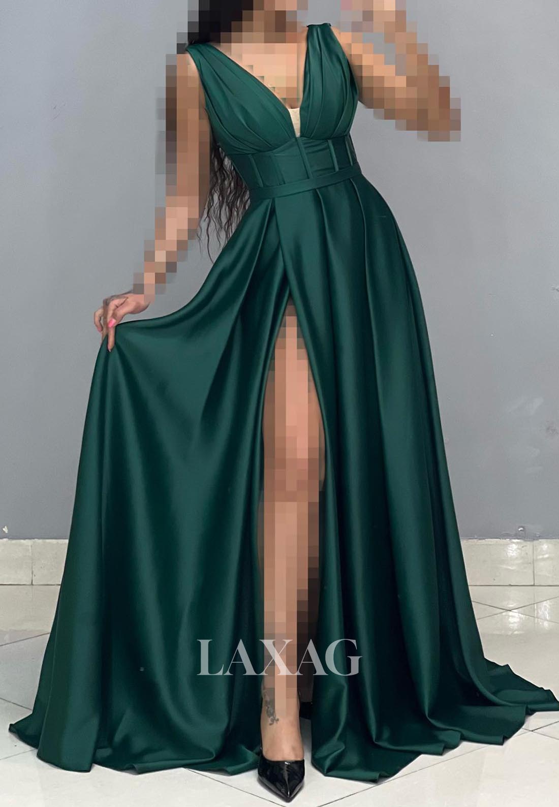Deep V-Neck Sleeveless Off-Shoulder A-Line Evening Dress Straps Pleated High Slit Satin Formal Gowns