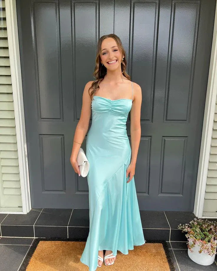 Sweetheart Spaghetti Straps Sleeveless Pleated Satin Floor-Length Mermaid Prom Dress