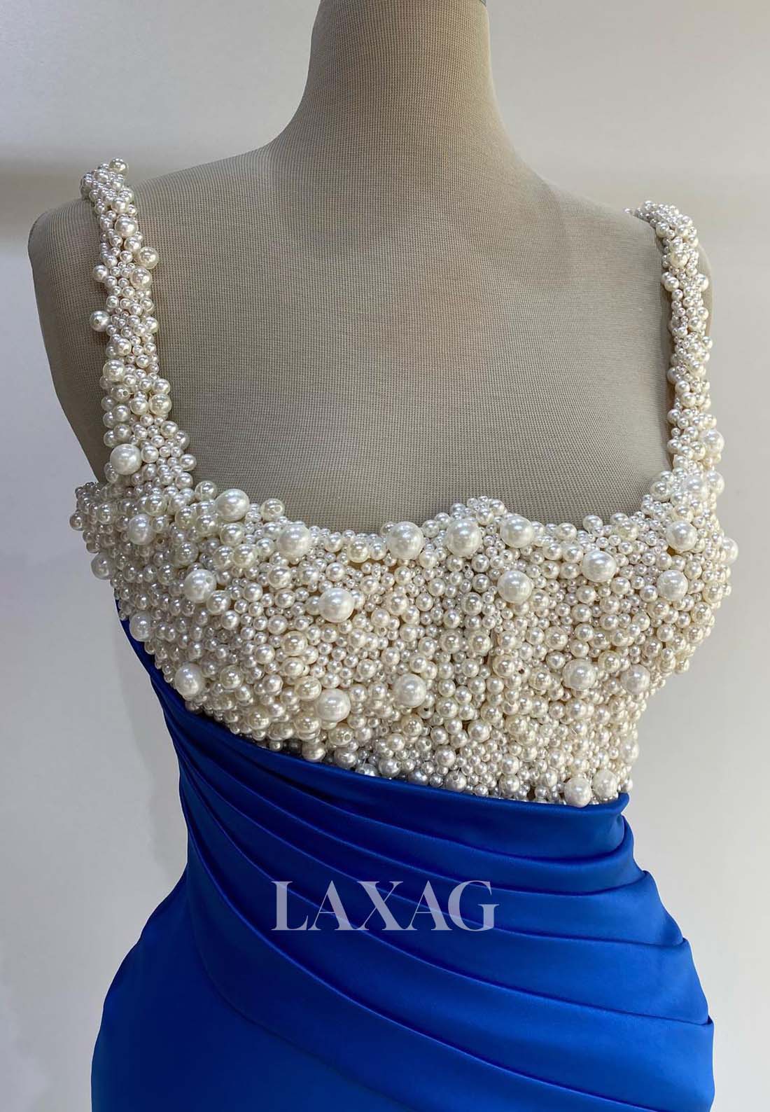 Sweetheart Spaghetti Straps Pleated Mermaid Evening Gowns Sleeveless Beaded Satin Formal Gowns