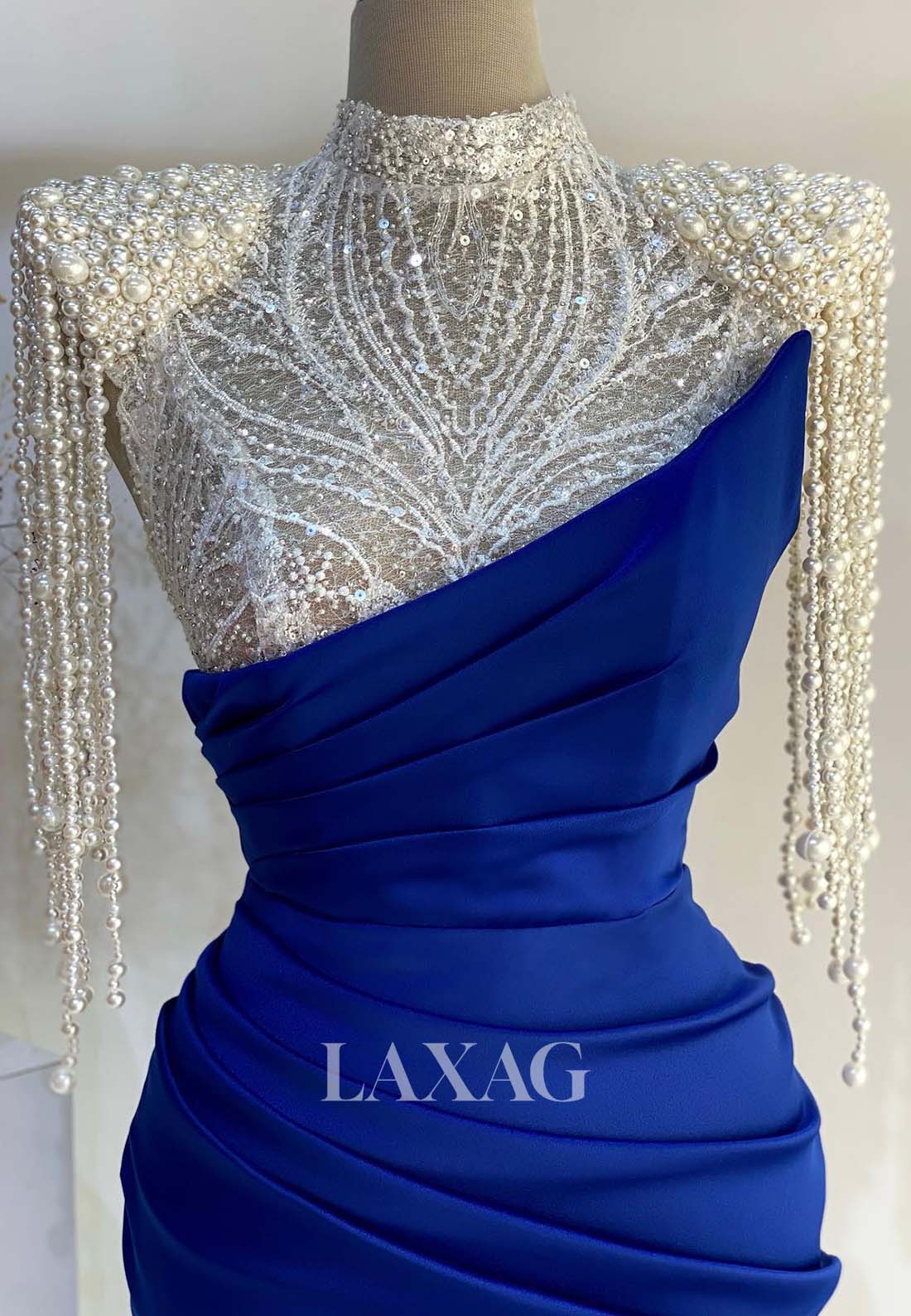 High-Neck Cap-Sleeves Pleated Mermaid Formal Gowns Beaded Sequined Applique Evening Dress