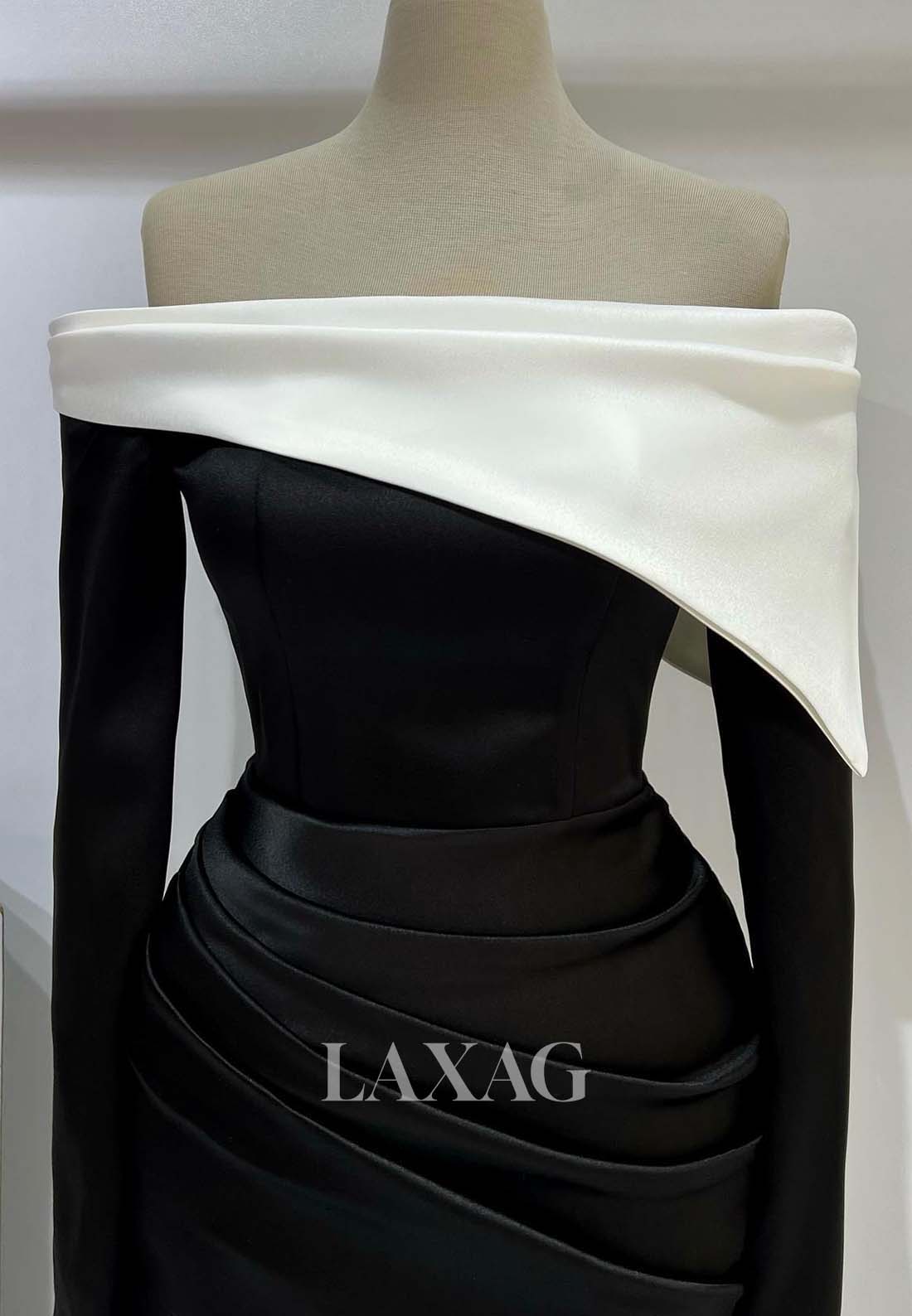 فستان سهرة رسمي من الساتان بلونين بتصميم حورية البحر بأكمام طويلة وقصّة من الأعلى وذيل طويل