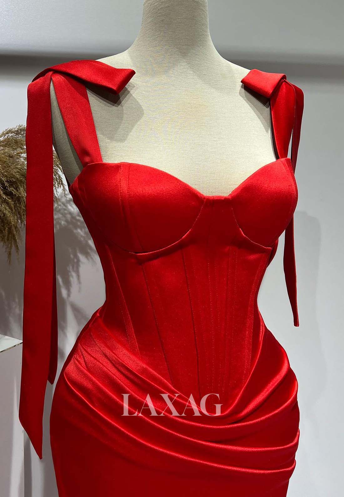 Sweetheart Bows-Straps Sleeveless Mermaid Evening Dress Pleated High Slit Satin Formal Gowns