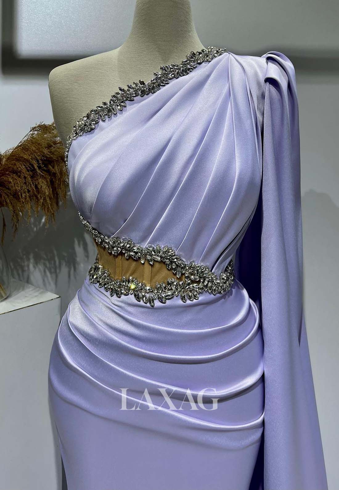 Asymmetrical-Neck Beaded Pleated Formal Gowns Sleeveless Sweep Train Mermaid Evening Dress