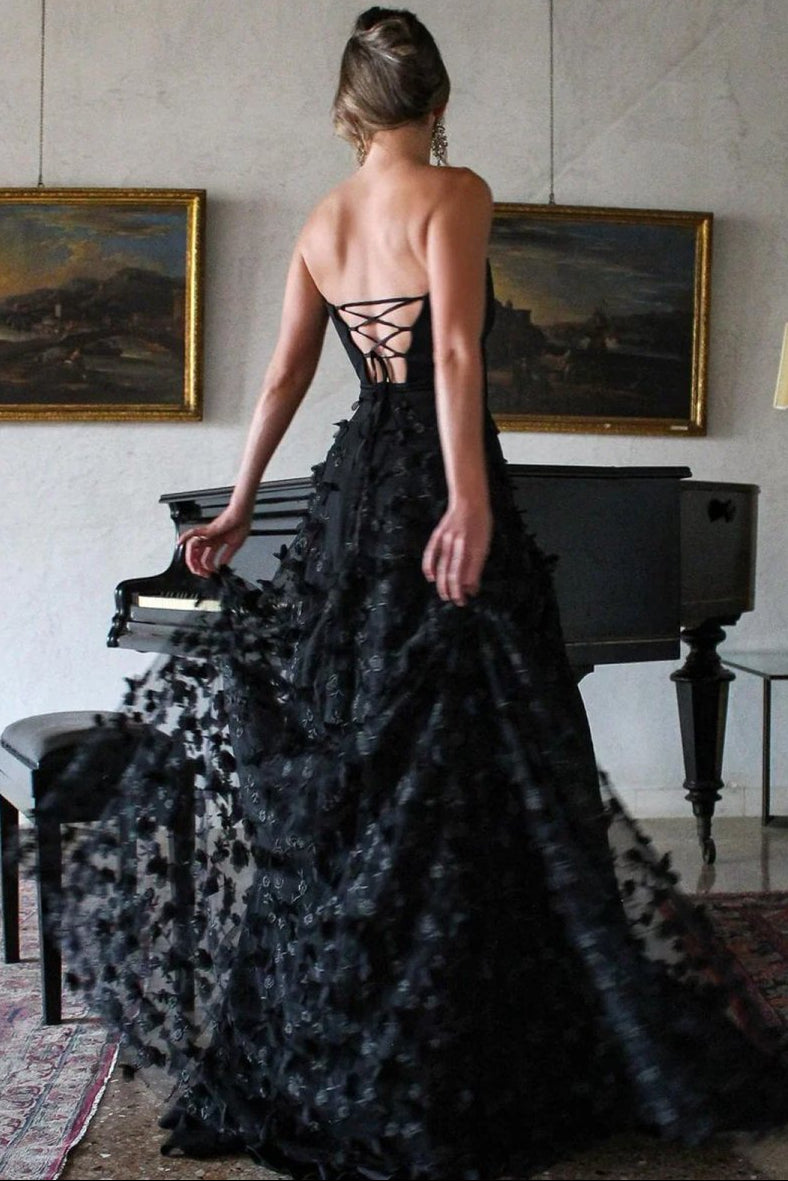 Scoop-Neck Strapless Sleeveless 3D-Flowers Pleated Tulle Long A-Line Prom Dresses with Slit