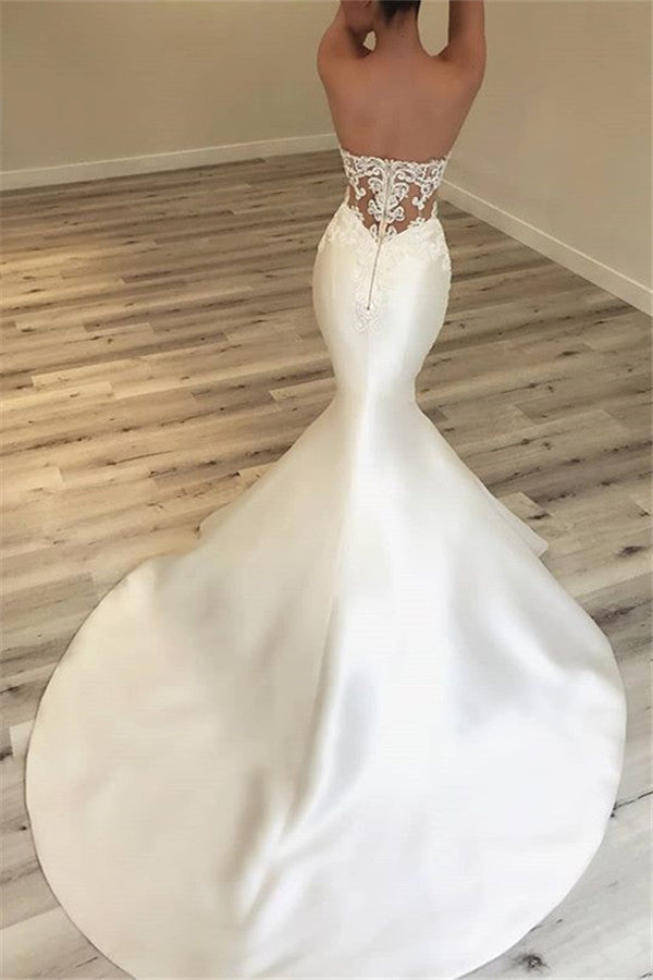 Plunging V-Neck Sleeveless Beaded Applique Satin Trumpet Mermaid Wedding Dress
