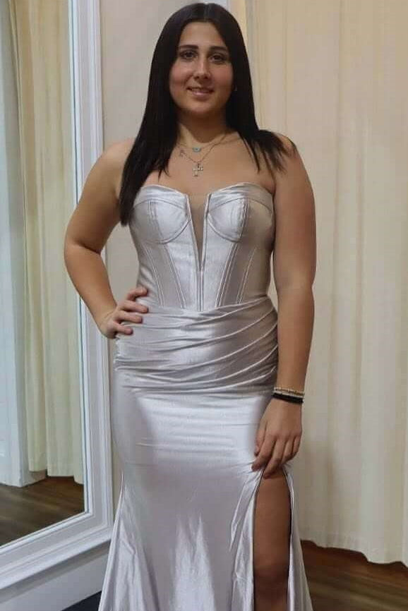 Off-Shoulder Sweetheart Sleeveless Satin Pleated Mermaid Prom Dress with High Slit