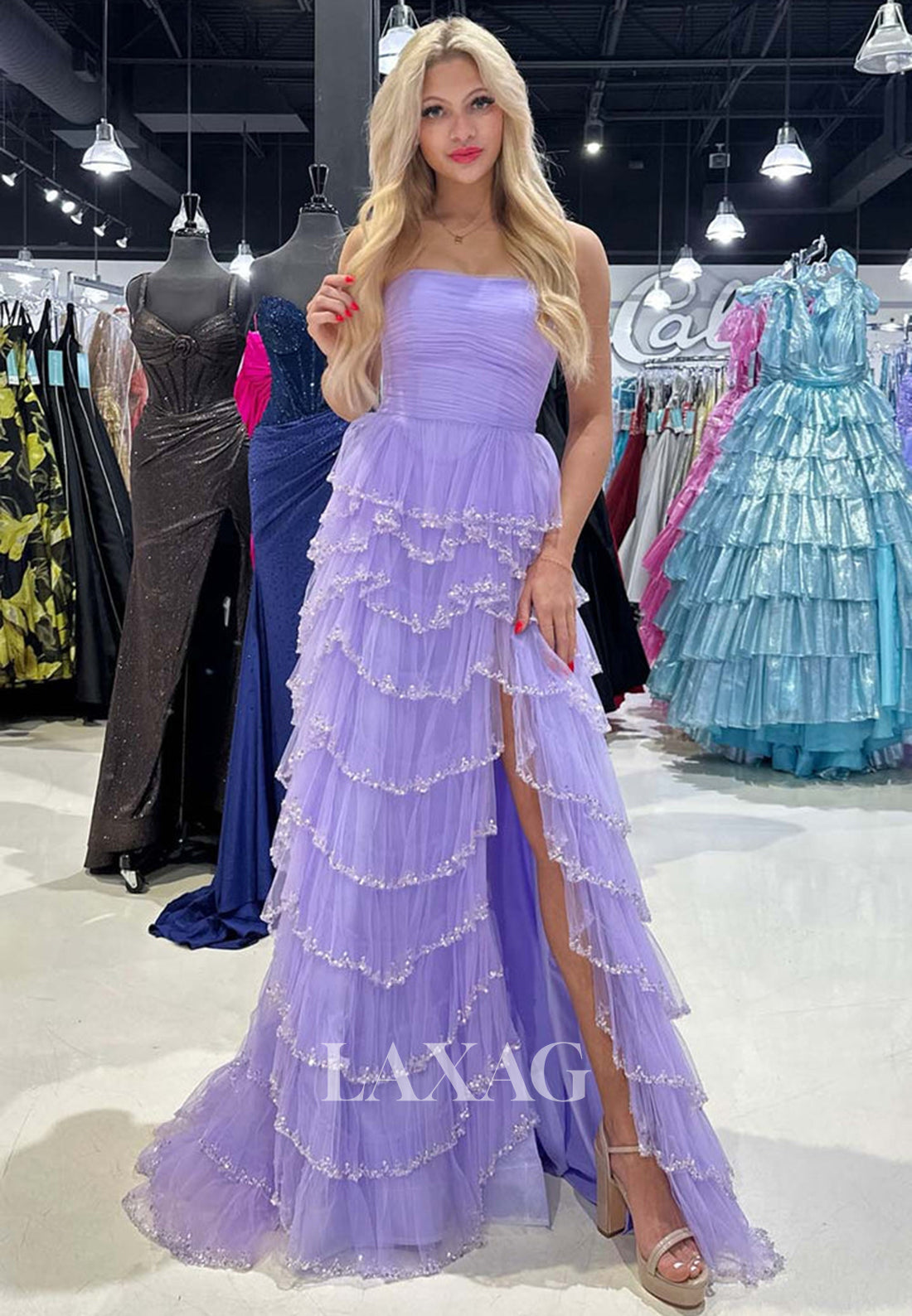 Tube Top Sleeveless Tiered A-Line Prom Dress Off-Shoulder Beaded Pleat Laxag Tube Top Sleeveless Tiered A-Line Prom Dress Off-Shoulder Beaded Pleat Laxag