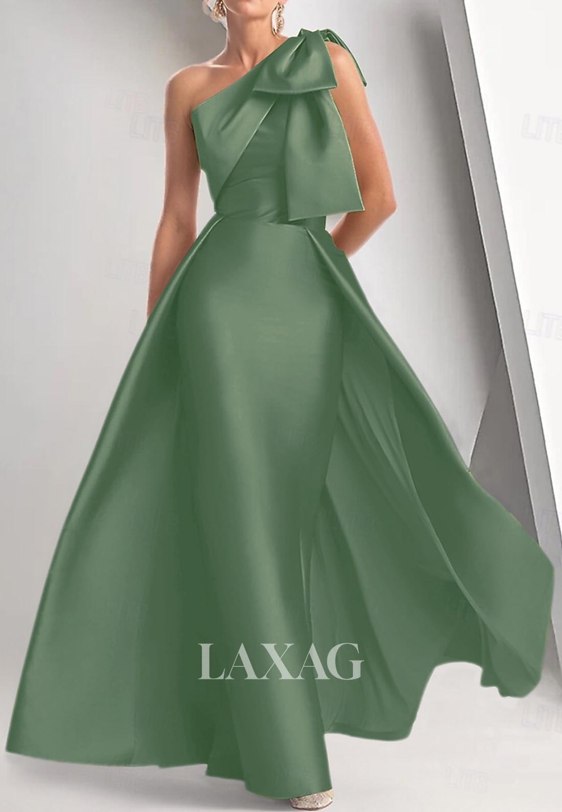 Asymmetrical-Neck Sleeveless Mermaid Evening Dress One-Shoulder Satin Formal Gowns with Bow