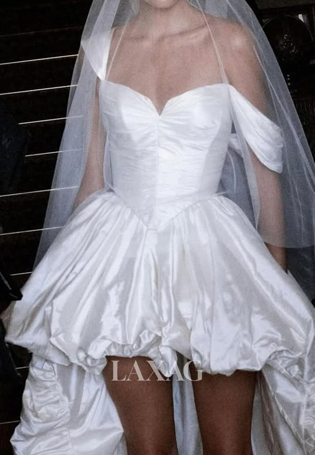 Sweetheart Sleeveless A-Line Wedding Dress Off-Shoulder Pleated Satin High-Low Bride Gowns