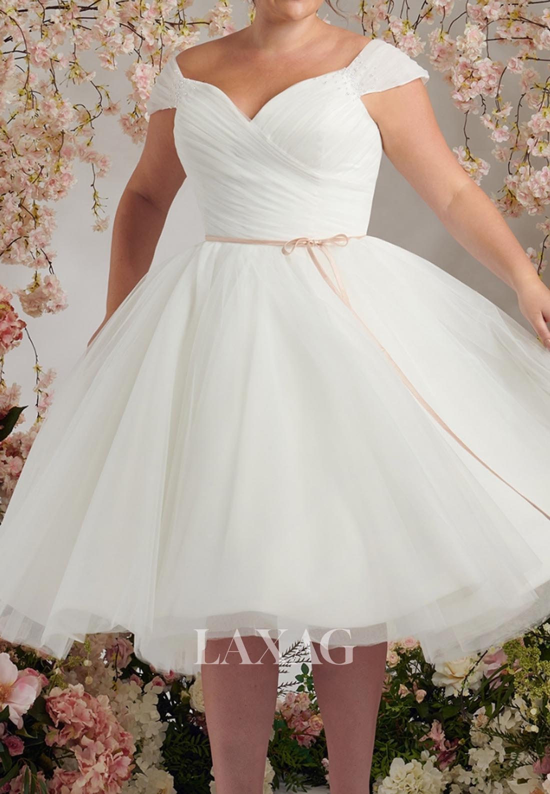 V-Neck Cap-Sleeves Beaded Bride Gowns Pleated Tulle Knee-Length A-Line Laxag V-Neck Cap-Sleeves Beaded Bride Gowns Pleated Tulle Knee-Length A-Line Laxag