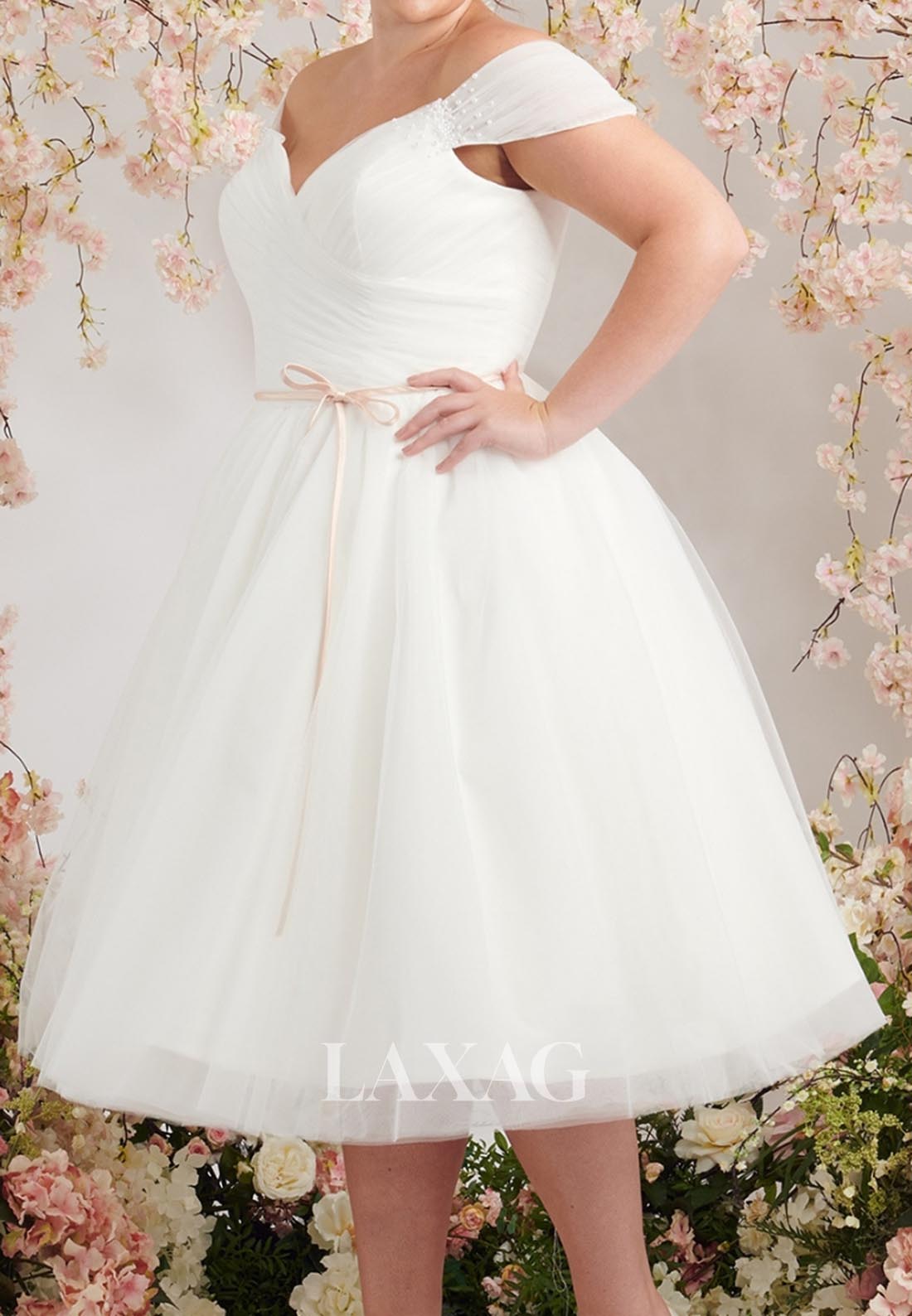 V-Neck Cap-Sleeves Beaded Bride Gowns Pleated Tulle Knee-Length A-Line Wedding Dress