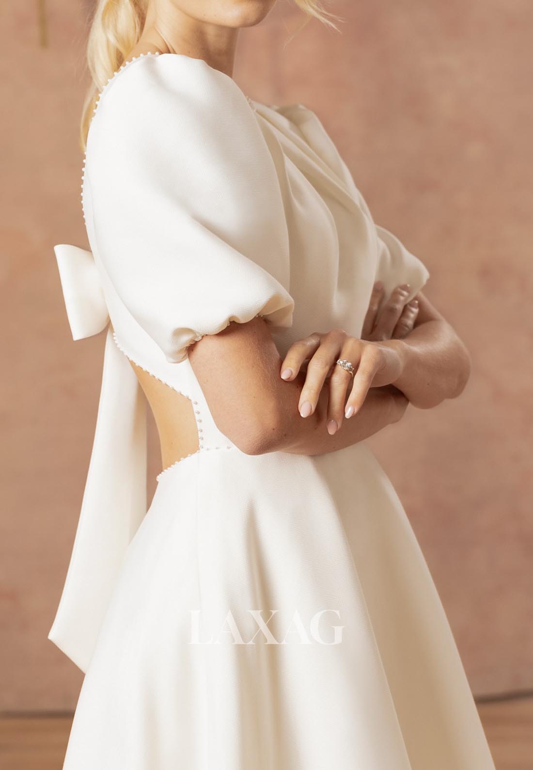 Scoop-Neck Short-Sleeves Beaded Pleated Chiffon Tea-Length A-Line Wedding Dress with Bow