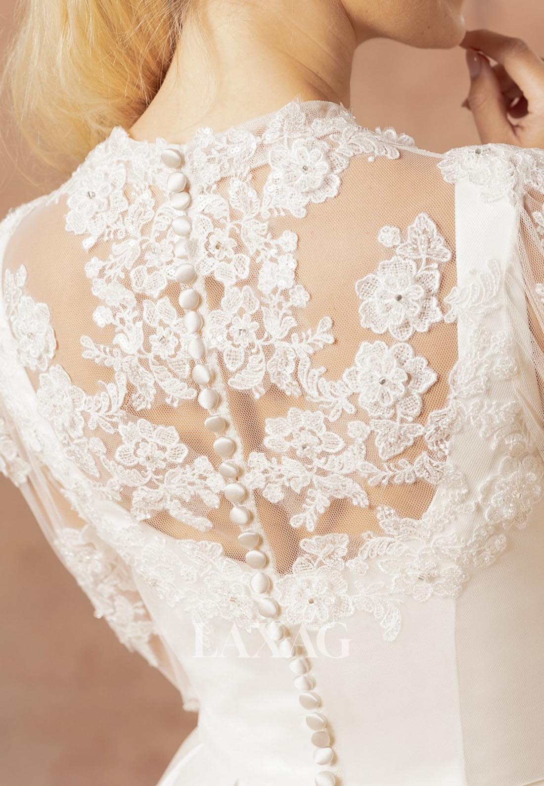 Square-Neck Long-Sleeves A-Line Wedding Dress Lace Applique Pleated Tea-Length Bride Gowns