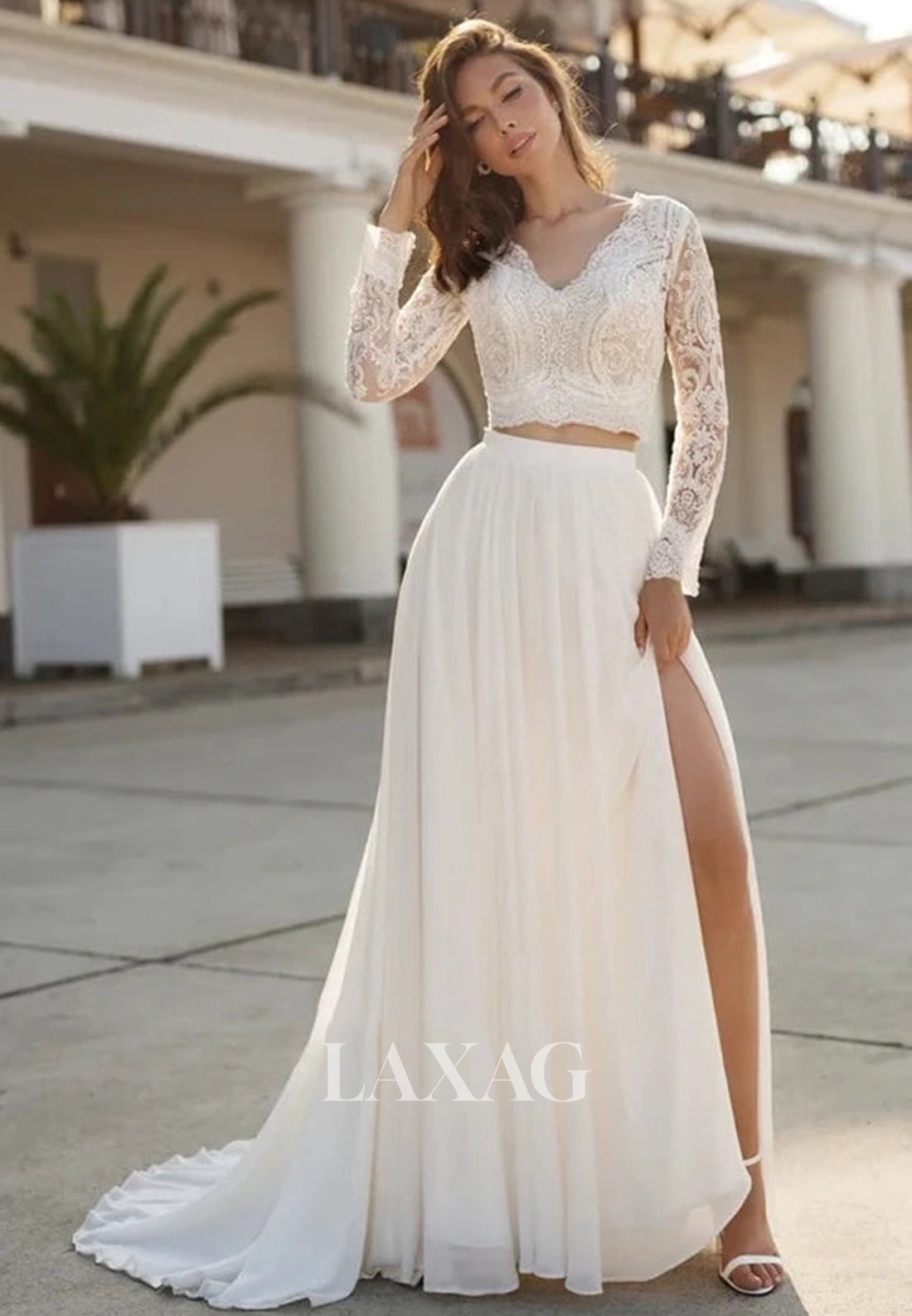 Long Sleeves V-Neck Blouson Lace Applique A-Line Wedding Dress Beaded Pleated Two Piece Bride Gowns Long Sleeves V-Neck Blouson Lace Applique A-Line Wedding Dress Beaded Pleated Two Piece Bride Gowns