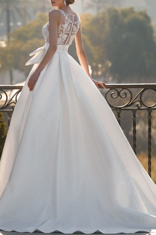 Deep V-Neck Sleeveless Floor-Length Applique Satin Pleated A-Line Wedding Dress