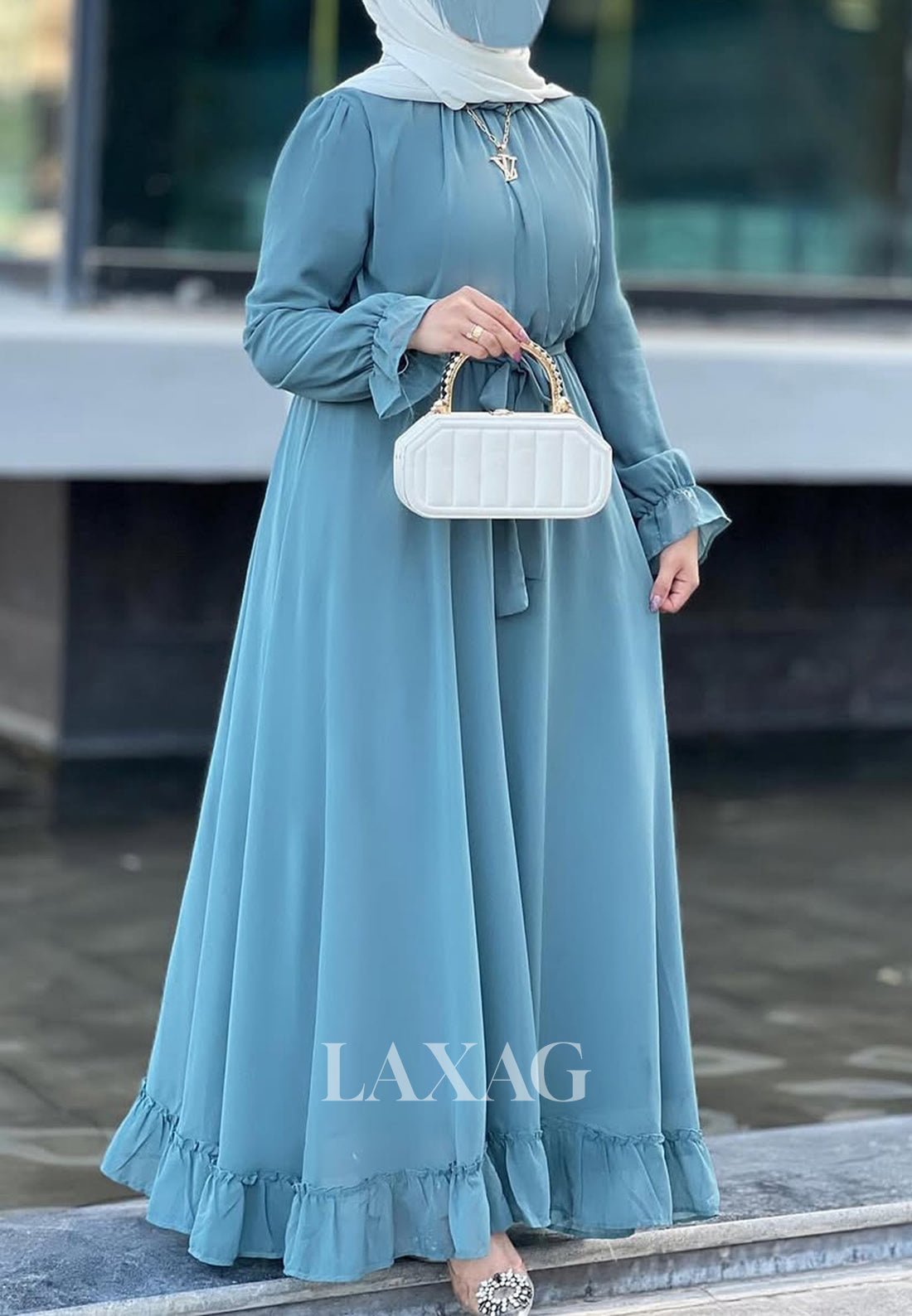 Simple High-Neck Long-Sleeves Formal Gowns Pleated Tulle Floor-Length A-Line Evening Dress