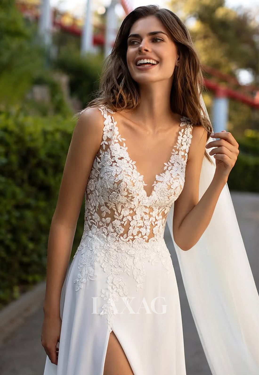 A-Line Deep V-Neck Straps Satin Bride Gowns Sleeveless Applique Wedding Dress with High Slit