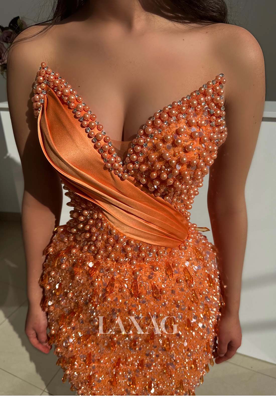 V-Neck Off-Shoulder Fully Sequined Beaded Evening Gowns Sleeveless Pleated Mermaid Prom Dress