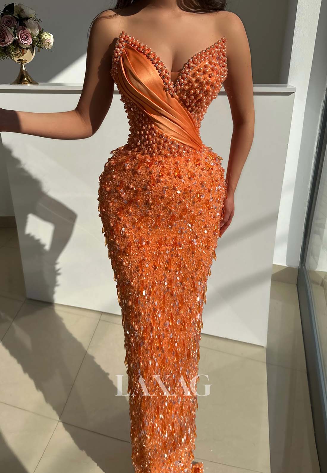 V-Neck Off-Shoulder Fully Sequined Beaded Evening Gowns Sleeveless Pleated Mermaid Prom Dress