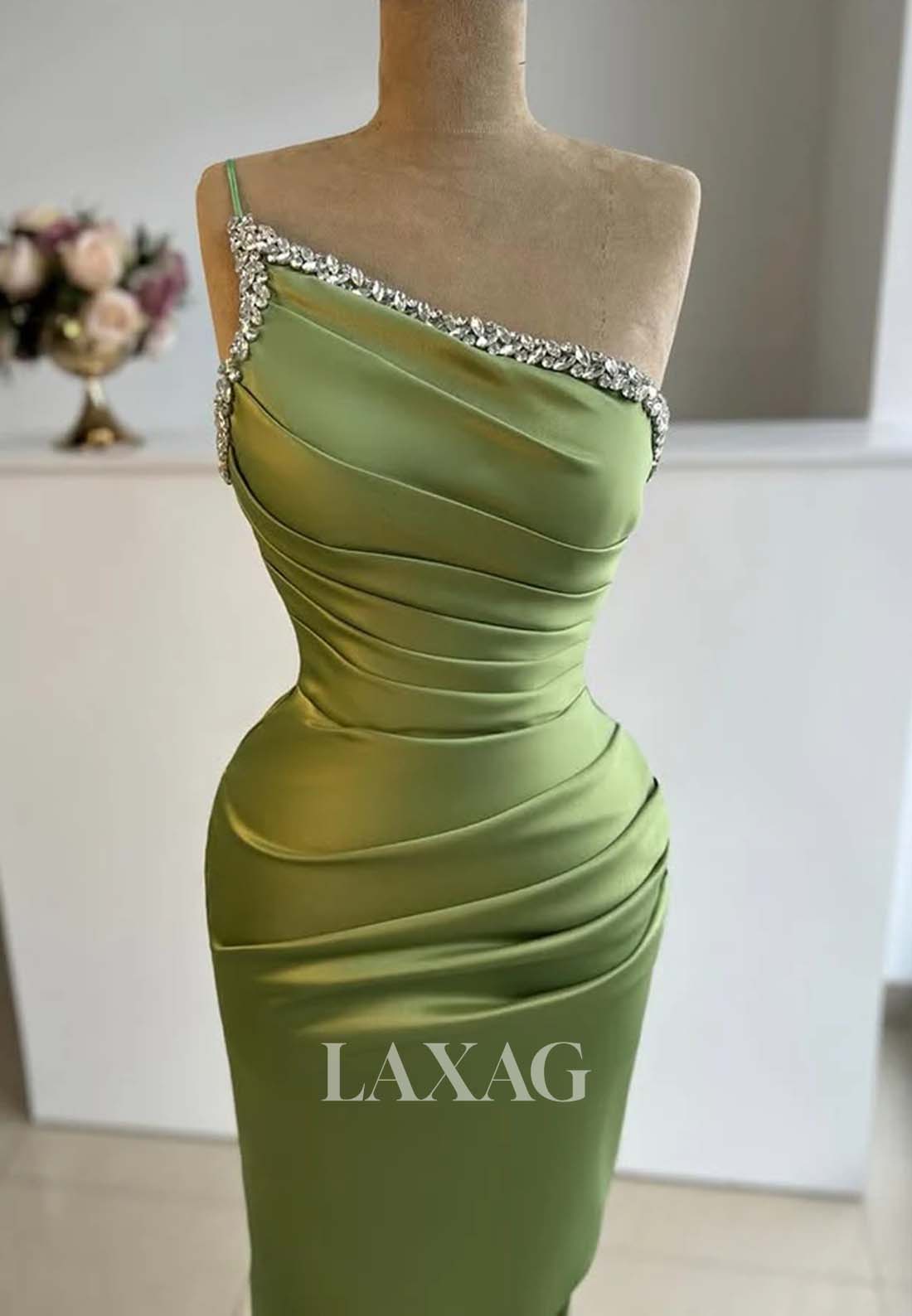 Sheath Asymmetrical-Neck One-Shoulder Sleeveless Beaded Long Formal Prom Dress with Slit