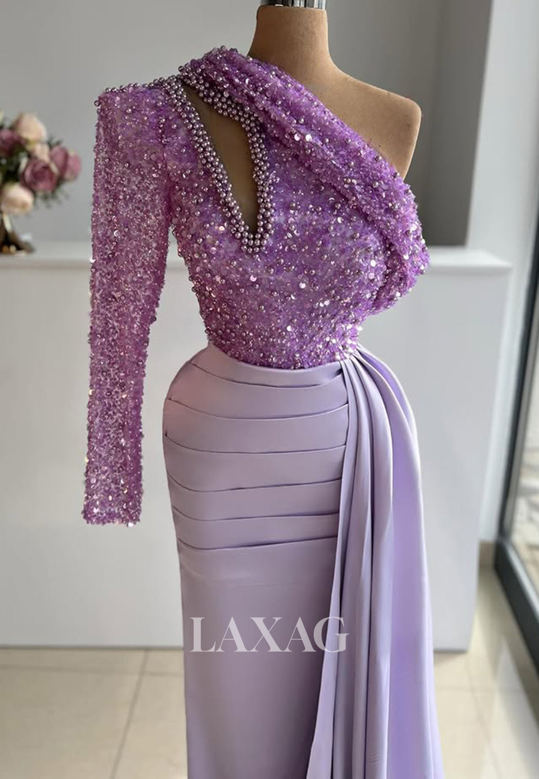 Asymmetrical-Neck One-Long-Sleeves Beaded Sequined Pleated Cutout Mermaid Prom Dress with Sweep Train