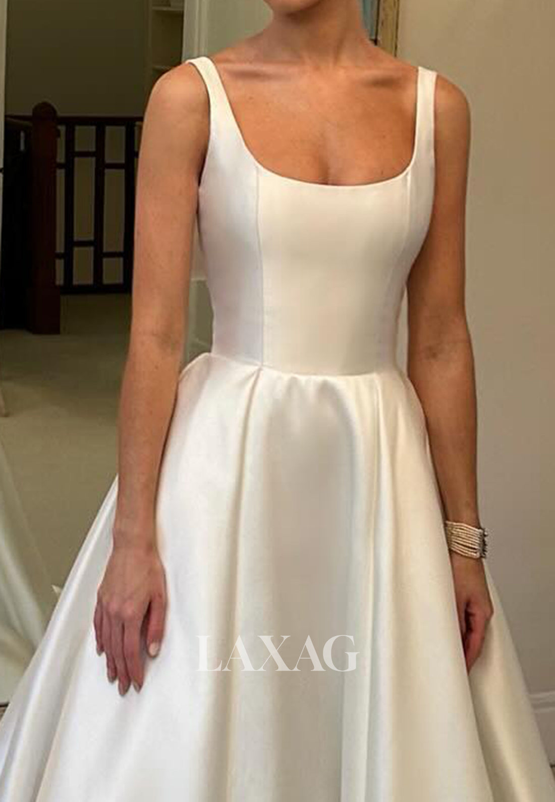 Scoop-Neck Spaghetti Straps Sleeveless Pleated Satin A-Line Wedding Dress with Train
