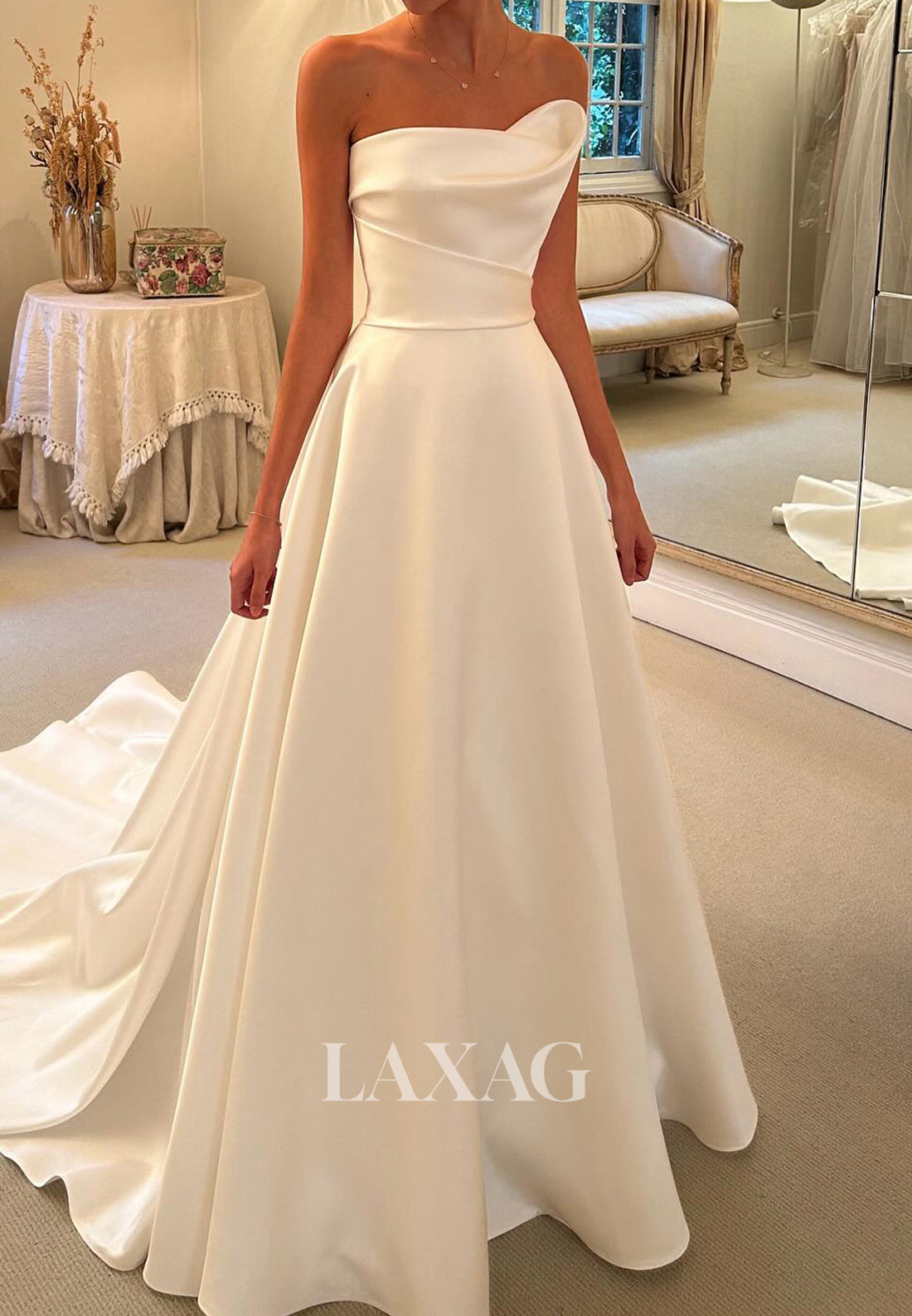Simple Asymmetrical-Neck Satin Bride Gowns Sleeveless Pleated Satin A- Laxag Simple Asymmetrical-Neck Satin Bride Gowns Sleeveless Pleated Satin A- Laxag