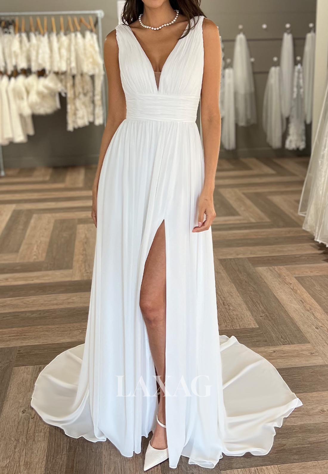 Sleeveless Straps High Slit A-Line Wedding Dress Deep V-Neck Pleated C Laxag Sleeveless Straps High Slit A-Line Wedding Dress Deep V-Neck Pleated C Laxag