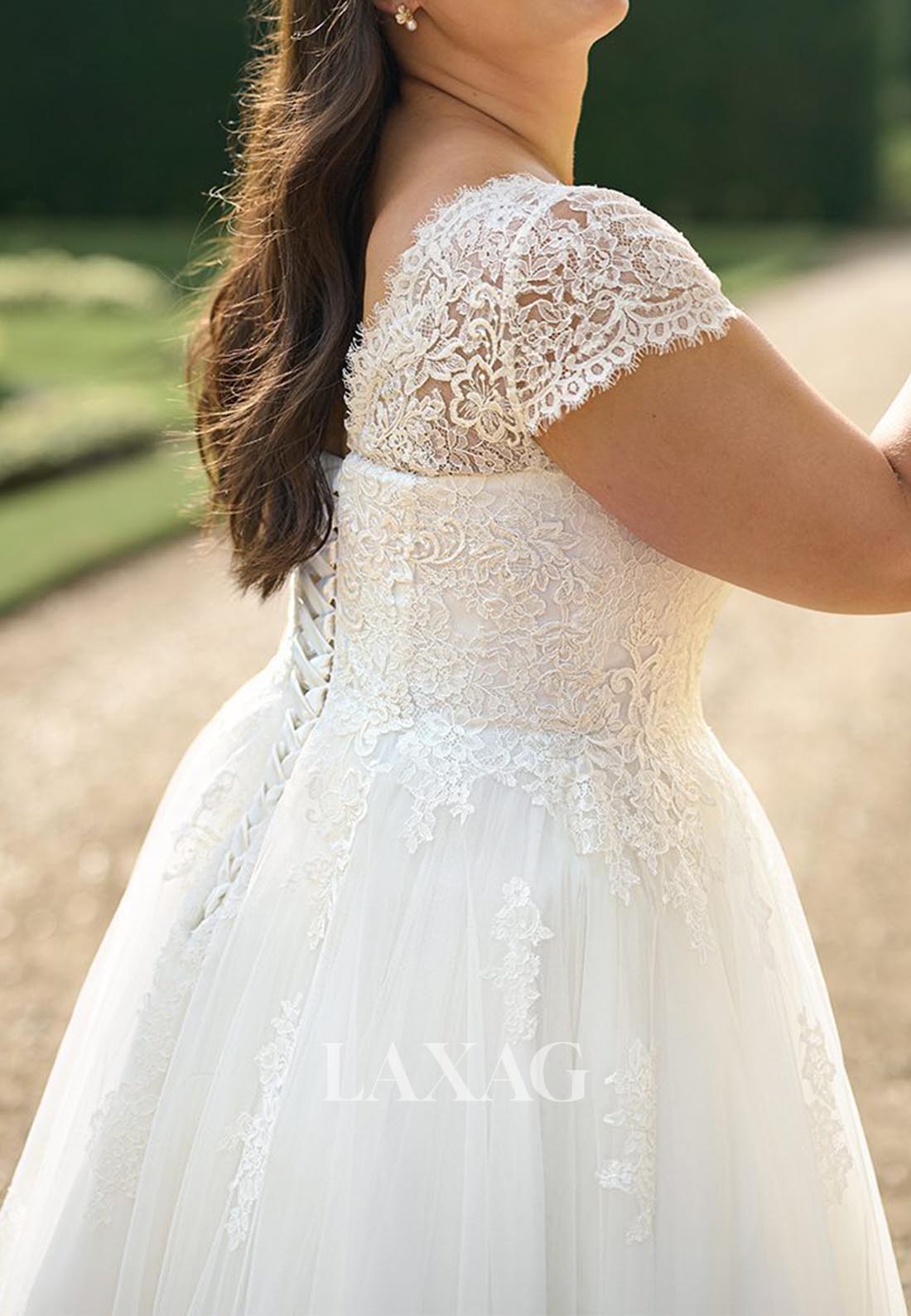 Scoop-Neck Cap-Sleeves Tea-Length Bride Gowns Allover Lace Pleated Tulle A-Line Wedding Dress