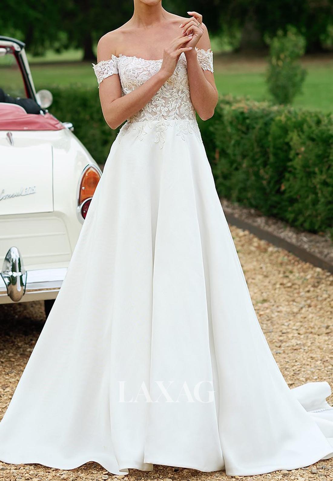 Off-Shoulder Scoop-Neck Sleeveless A-Line Wedding Dress Applique Pleat Laxag Off-Shoulder Scoop-Neck Sleeveless A-Line Wedding Dress Applique Pleat Laxag