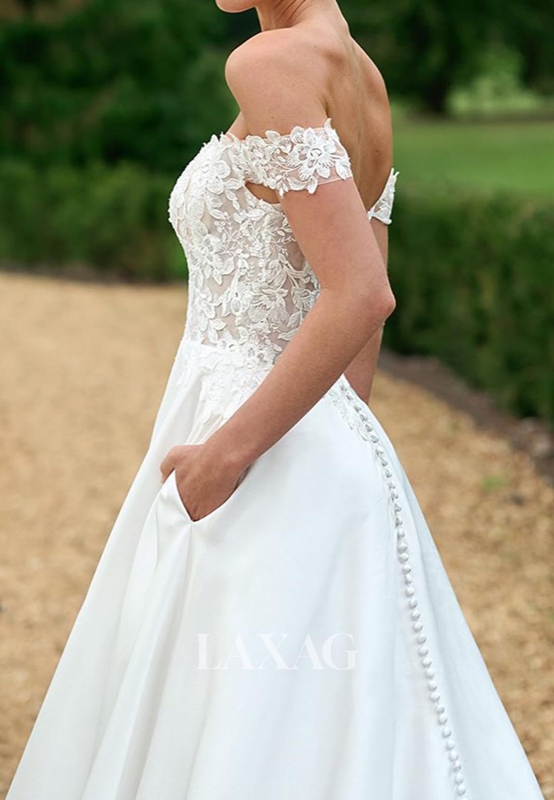 Off-Shoulder Scoop-Neck Sleeveless A-Line Wedding Dress Applique Pleated Satin Bride Gowns