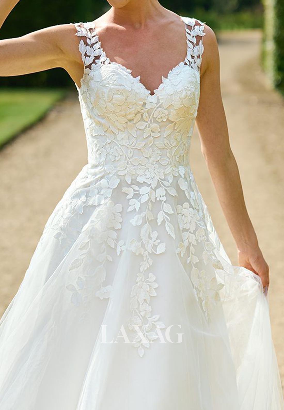 V-Neck Sleeveless Off-Shoulder A-Line Wedding Dress Straps Applique Pleated Tulle Bride Gowns
