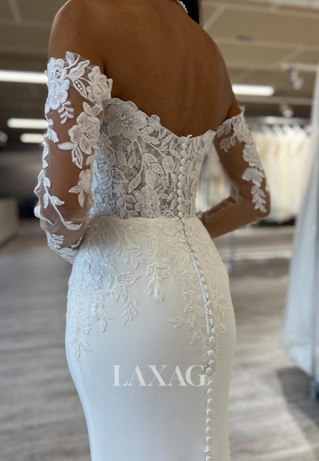 Sweetheart Off-Shoulder Applique Pleated Bride Gowns Long-Sleeves Satin Mermaid Wedding Dress