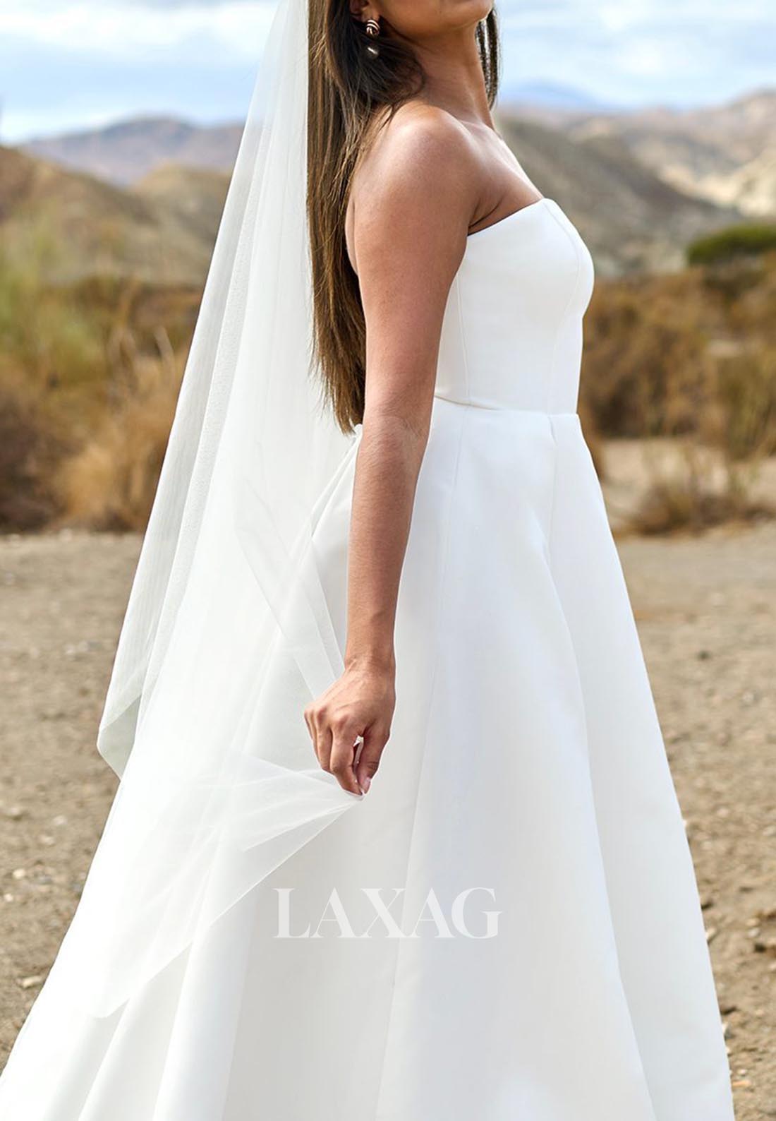 Simple Tube Top Off-Shoulder Sleeveless Pleated Satin A-Line Wedding Dress with Sweep Train