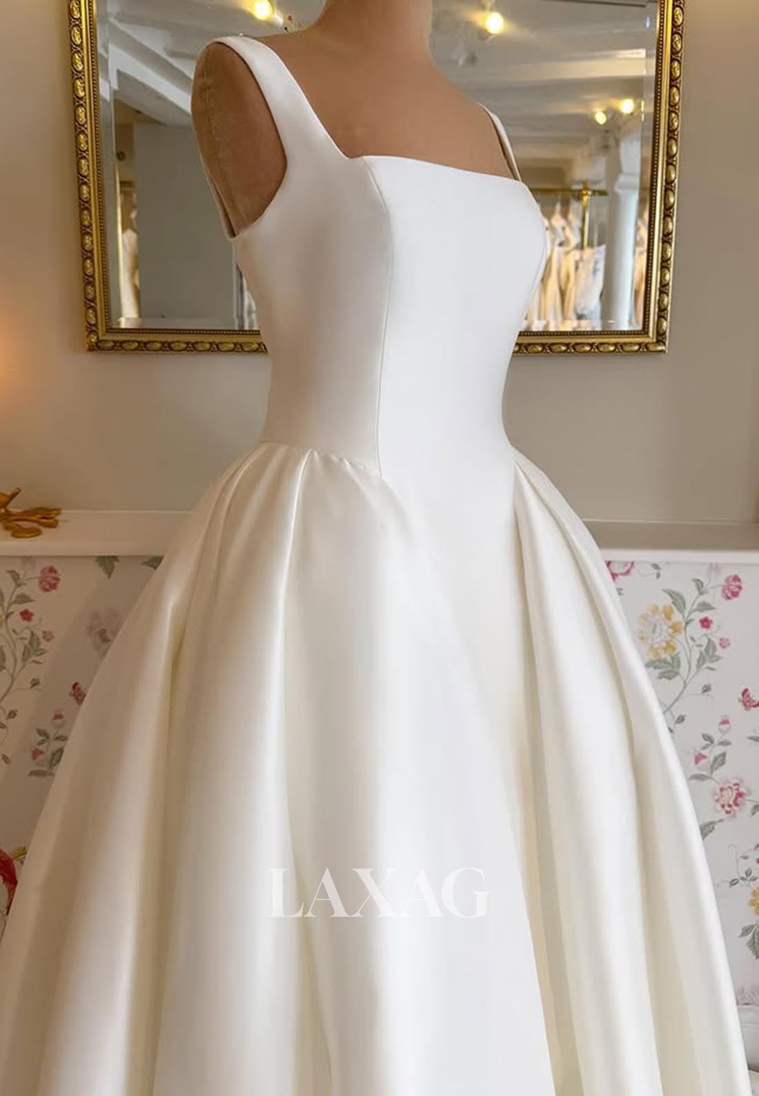 Square-Neck Sleeveless A-Line Wedding Dress Off-Shoulder Straps Pleated Satin Bride Gowns