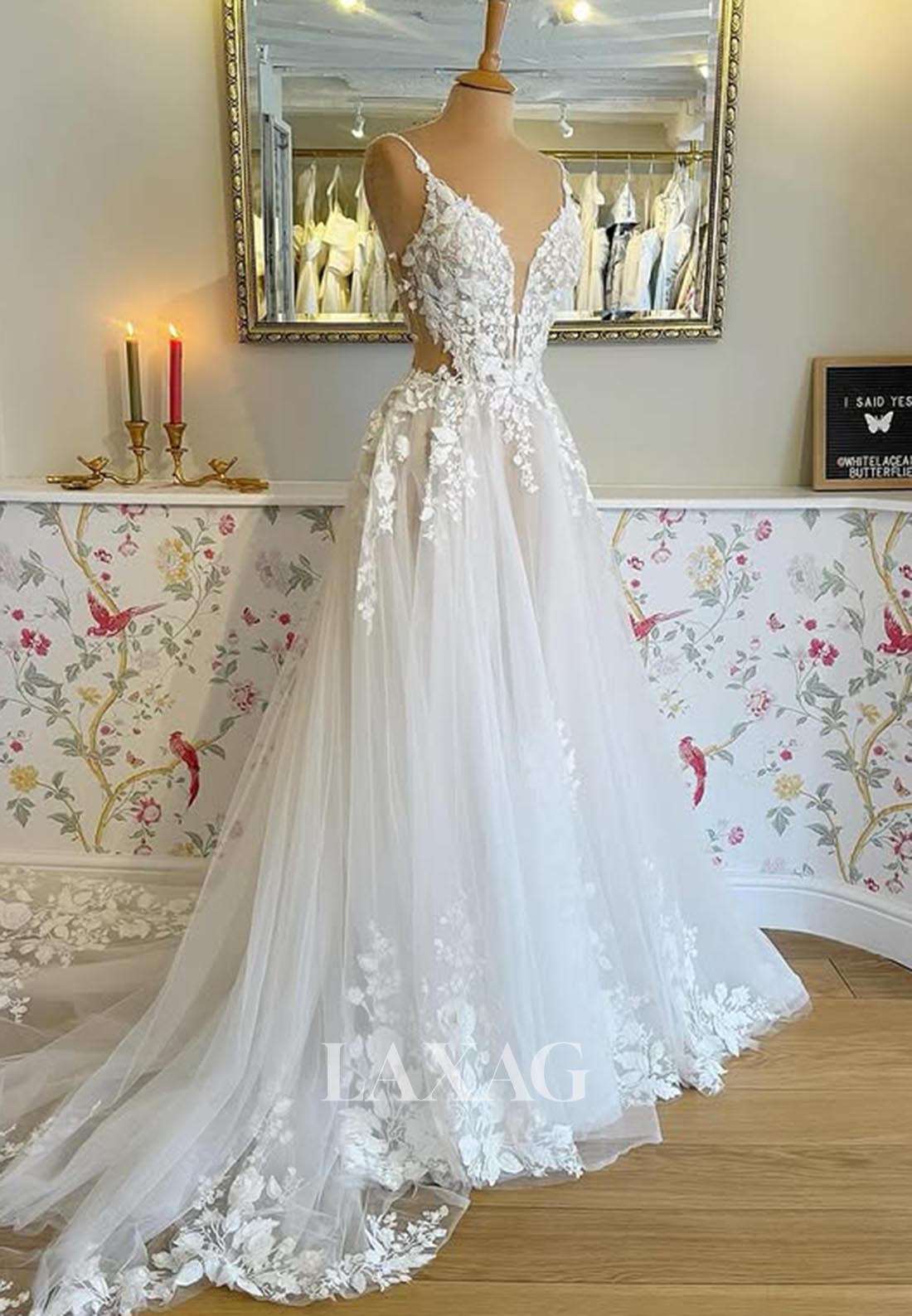 Plunging V-Neck Spaghetti Straps A-Line Wedding Dress Sleeveless Appli Laxag Plunging V-Neck Spaghetti Straps A-Line Wedding Dress Sleeveless Appli Laxag