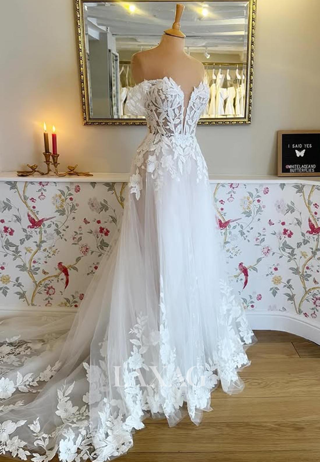 Off-Shoulder Sleeveless Applique Tulle Bride Gowns Plunging V-Neck Ple Laxag Off-Shoulder Sleeveless Applique Tulle Bride Gowns Plunging V-Neck Ple Laxag