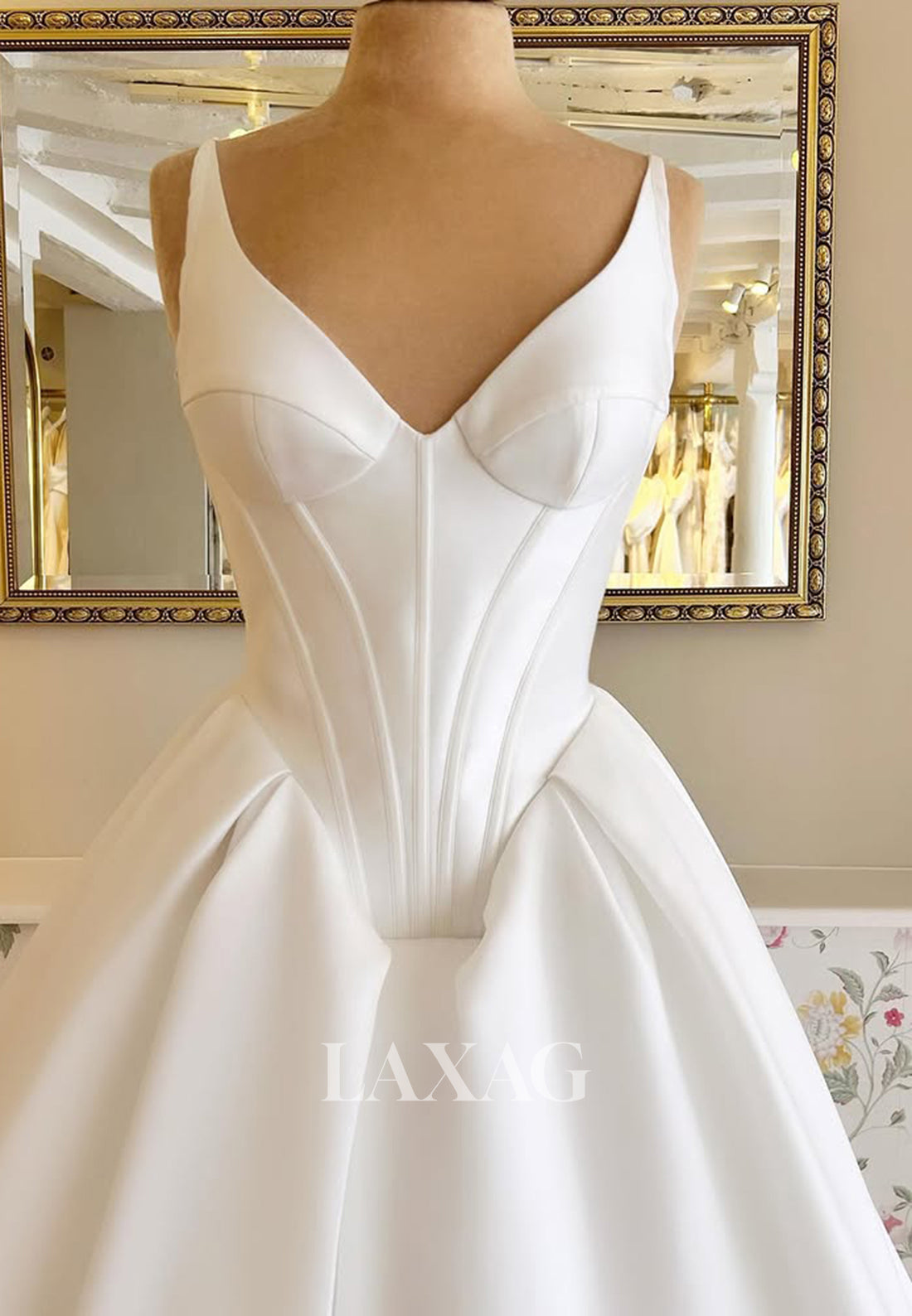 Simple V-Neck Spaghetti Straps Sleeveless Pleated Satin A-Line Wedding Dress with Sweep Train