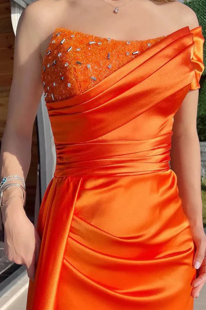 Asymmetrical-Neck Beaded Mermaid Long Prom Dress Pleated Satin Floor-Length Party Gowns