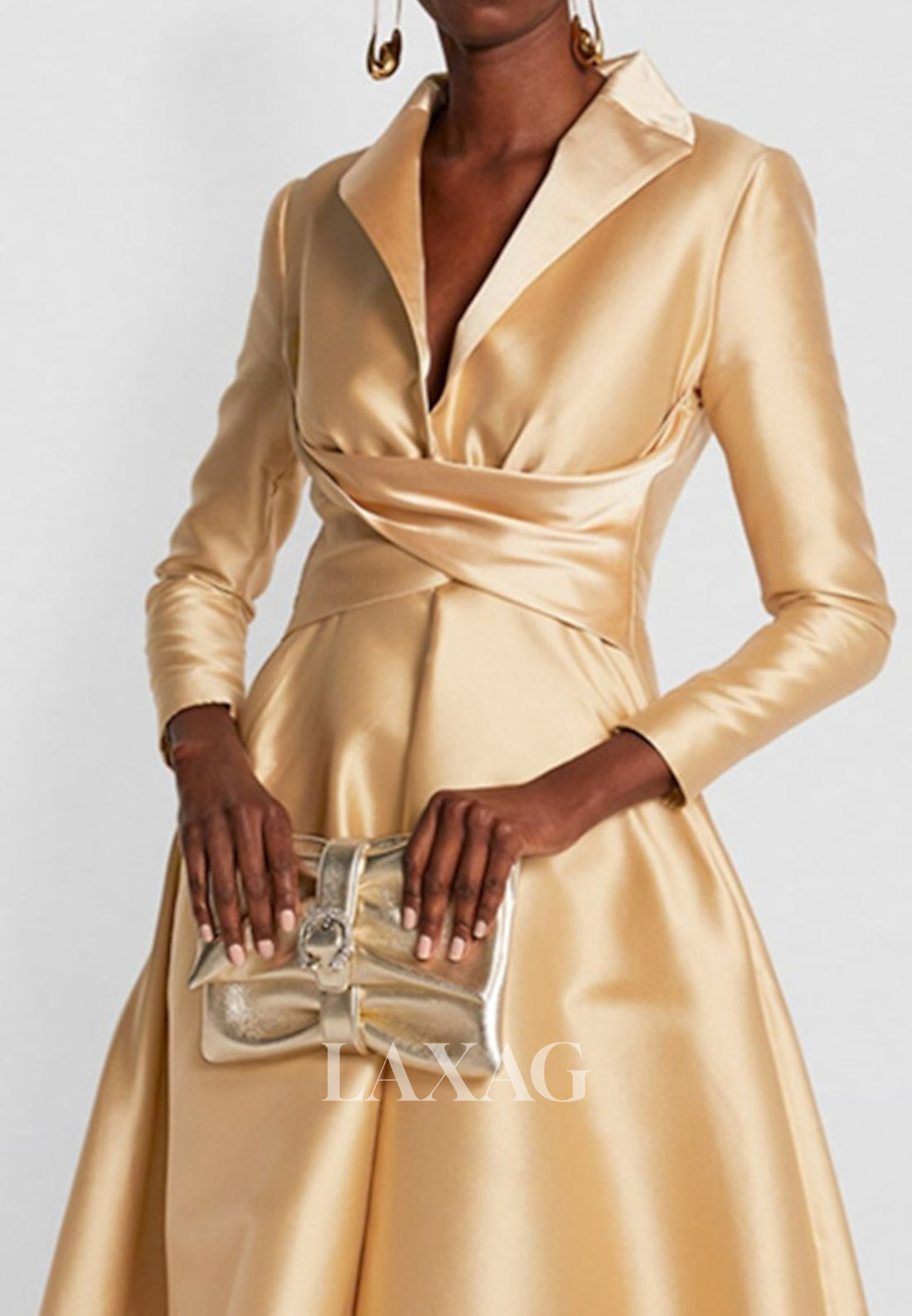 Deep V-Neck Long Sleeves Pleated Evening Gowns Simple Floor-Length Satin A-Line Formal Wedding Guest Dress