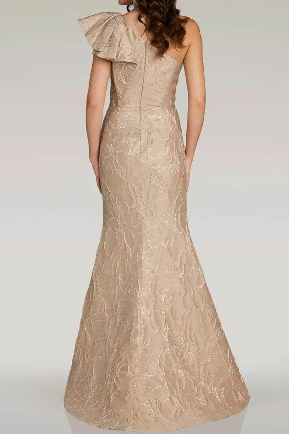 Asymmetrical-Neck Sleeveless Jacquard Ruffled Satin Floor-Length Mermaid Evening Dress