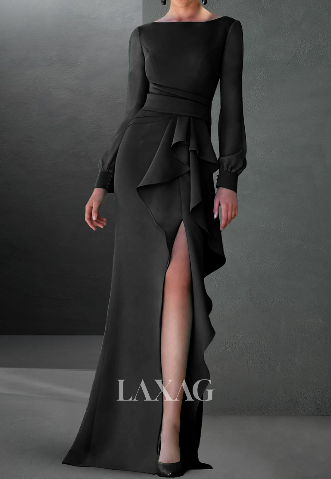 Simple Scoop-Neck Long Sleeves Mermaid Wedding Guest Dress Pleated Floor-Length High Slit Formal Gowns