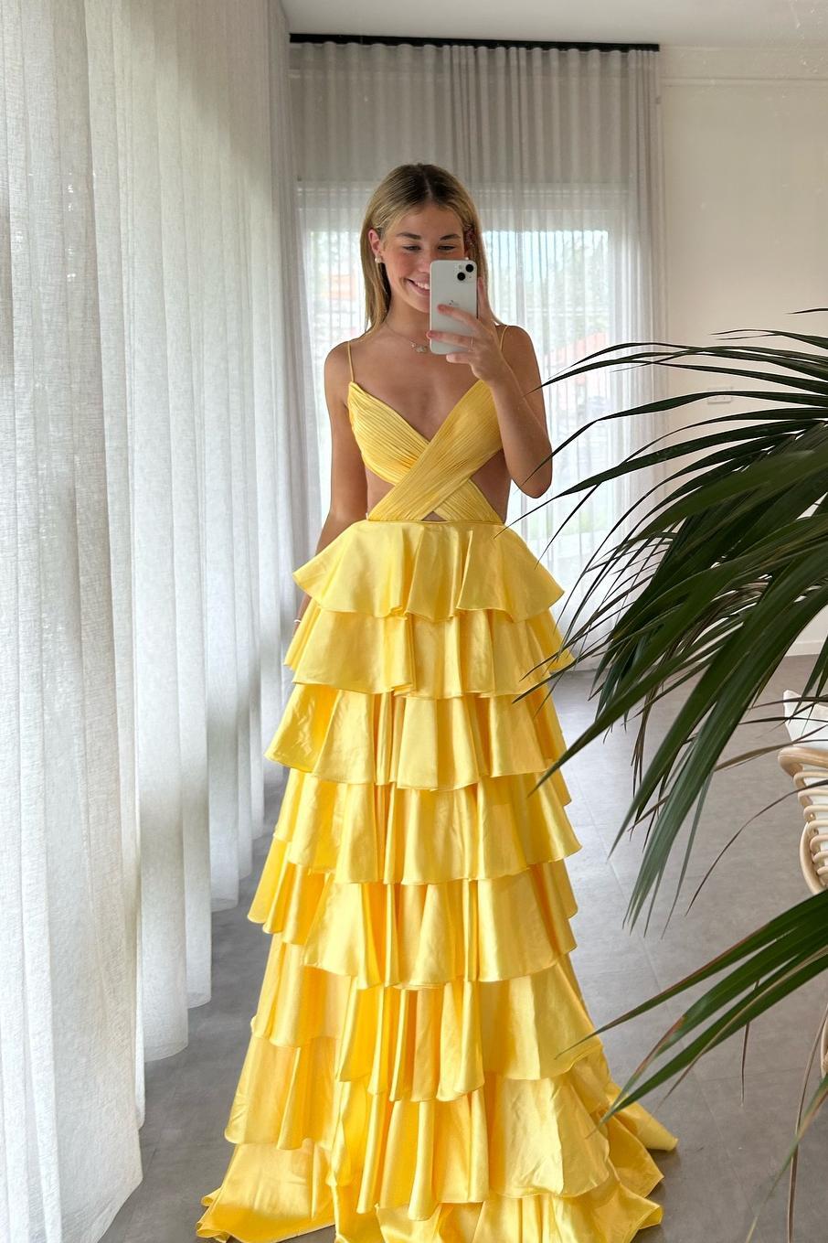 V-Neck Spaghetti Straps Sleeveless Floor-Length Satin Pleated Tiered A-Line Prom Dress