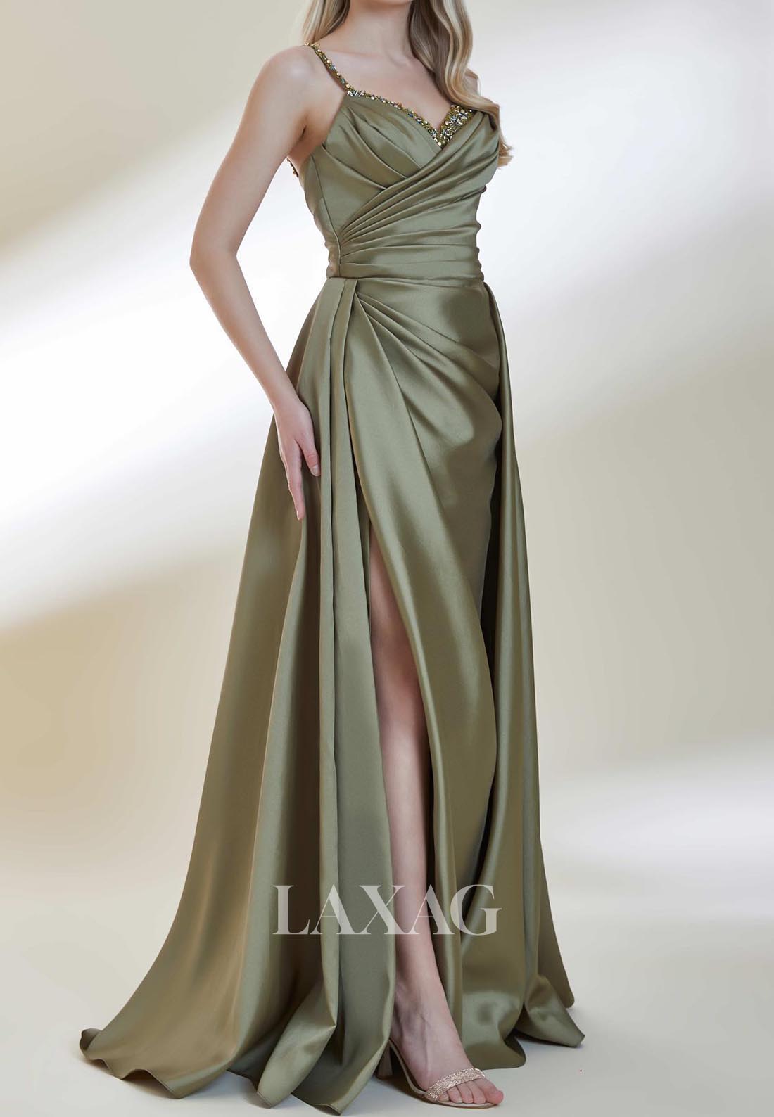 Beaded V-Neck Spaghetti Straps Formal Gowns Sleeveless Pleated Satin Mermaid Evening Dress